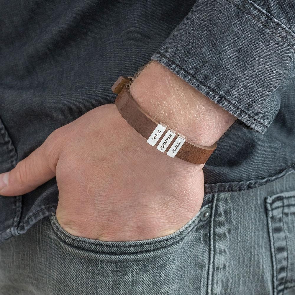Father's Day Gift Men's Leather Bracelet with Custom Silver Beads