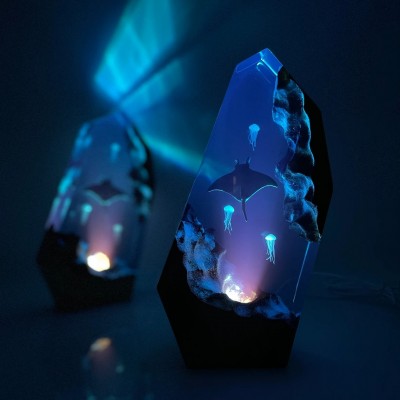HOT SALE❗❗❗Manta Rays And Jellyfish Resin Night Light Blue Ocean Miniature