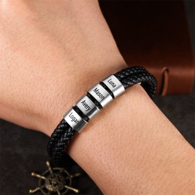 Men Leather Bracelet with Engraved Beads Custom Two Layers Bracelet Black